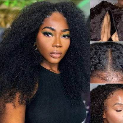 V Part Curly Wave Human Hair Wig V Shape Water Weave Glueless U Part Wigs With Clips Beginner Friendly No Lace No Glue 200% Density