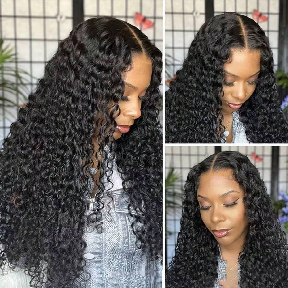V Part Curly Wave Human Hair Wig V Shape Water Weave Glueless U Part Wigs With Clips Beginner Friendly No Lace No Glue 200% Density