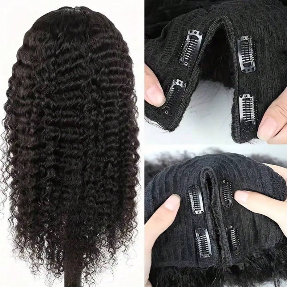 V Part Curly Wave Human Hair Wig V Shape Water Weave Glueless U Part Wigs With Clips Beginner Friendly No Lace No Glue 200% Density
