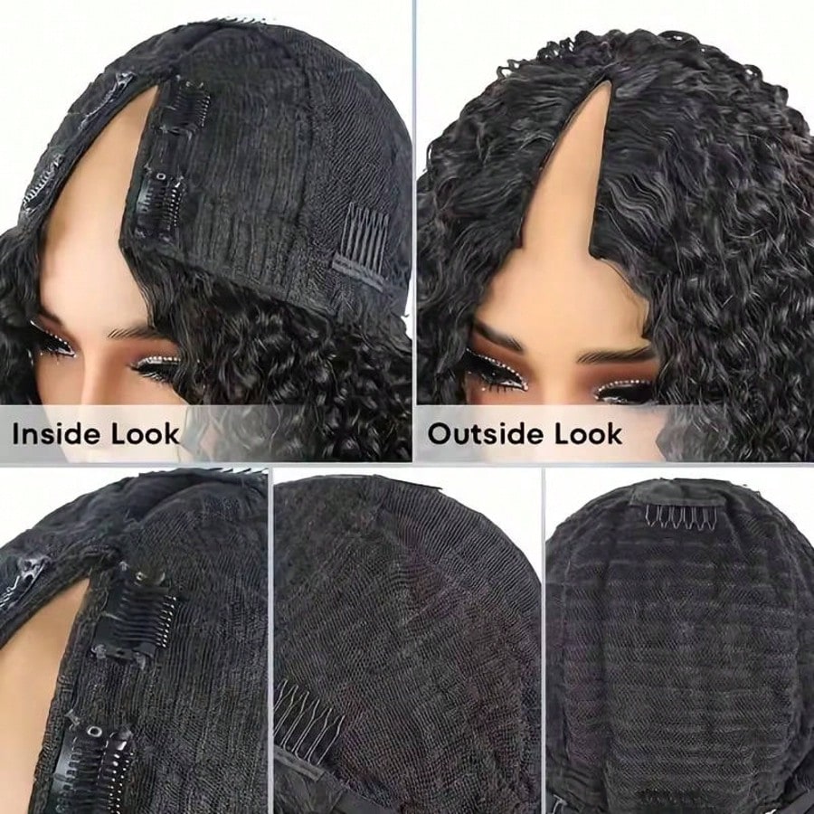 V Part Curly Wave Human Hair Wig V Shape Water Weave Glueless U Part Wigs With Clips Beginner Friendly No Lace No Glue 200% Density