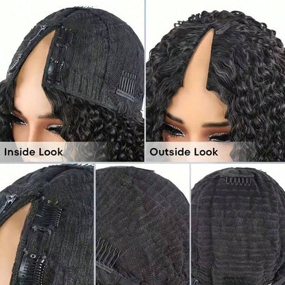 V Part Curly Wave Human Hair Wig V Shape Water Weave Glueless U Part Wigs With Clips Beginner Friendly No Lace No Glue 200% Density