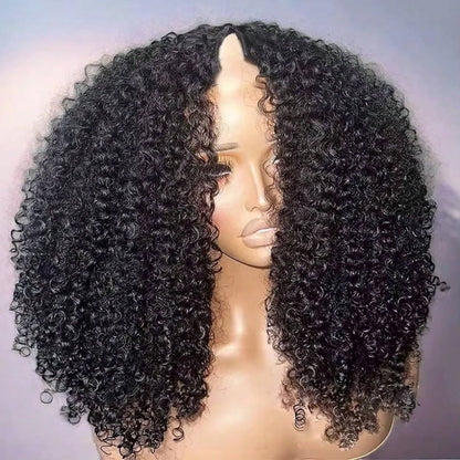 V Part Curly Wave Human Hair Wig V Shape Water Weave Glueless U Part Wigs With Clips Beginner Friendly No Lace No Glue 200% Density