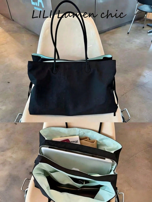 Vacation Style Tote Bag, Contrasting Lining With Distinct Layering, Dual Zipper Compartment Design For Organized Storage, Side Drawstring To Customize Bag Silhouette, Suitable For Teachers, Moms, Stud