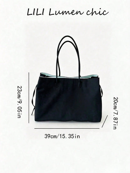 Vacation Style Tote Bag, Contrasting Lining With Distinct Layering, Dual Zipper Compartment Design For Organized Storage, Side Drawstring To Customize Bag Silhouette, Suitable For Teachers, Moms, Stud