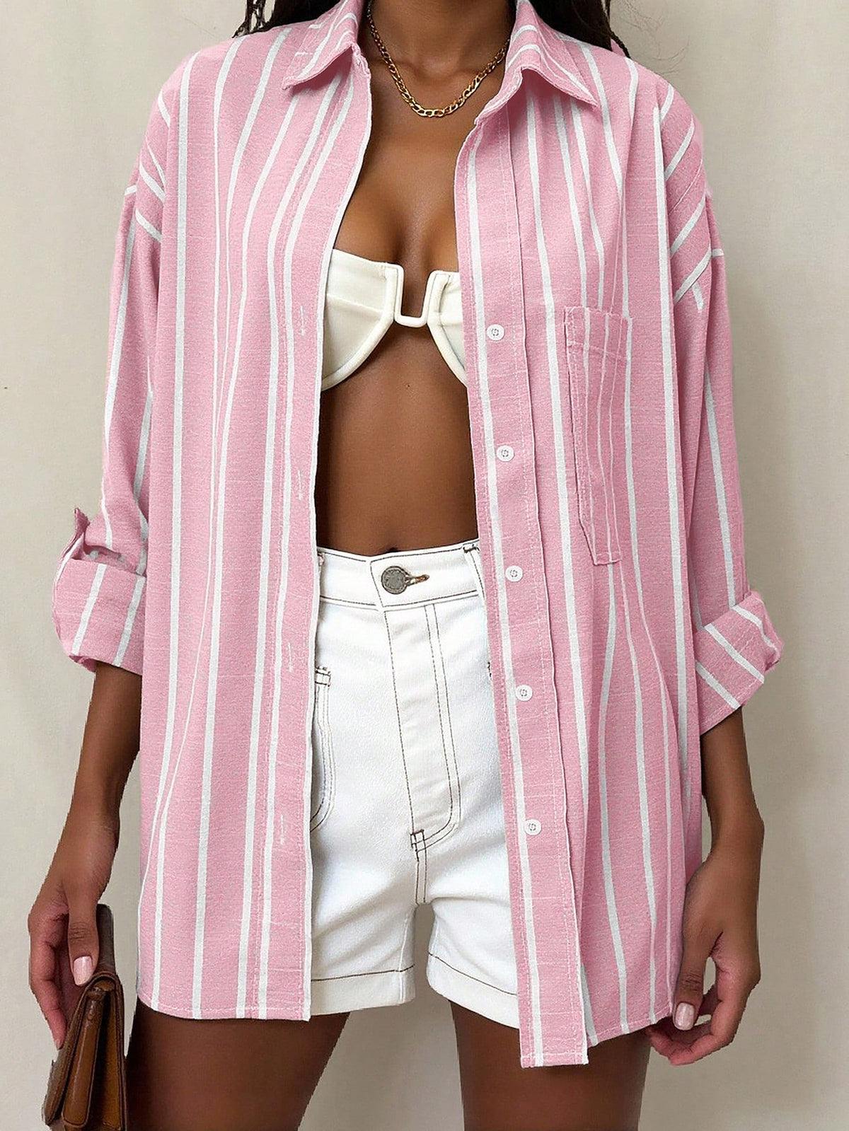 Vaclyn Women's Stripe Drop Shoulder Long Sleeve Single-Breasted Casual Shirt