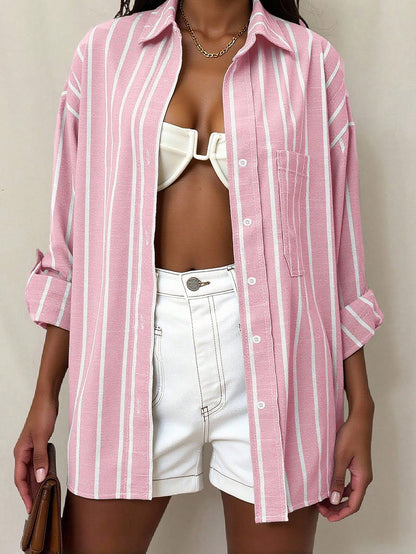 Vaclyn Women's Stripe Drop Shoulder Long Sleeve Single-Breasted Casual Shirt