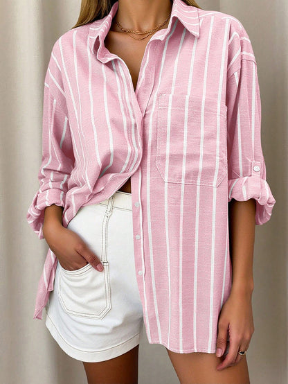 Vaclyn Women's Stripe Drop Shoulder Long Sleeve Single-Breasted Casual Shirt