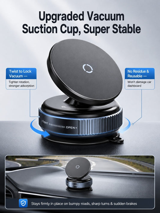 Vacuum Suction Cup Magnetic Car Phone Holder, 360° Rotatable Dashboard & Windshield Phone Mount, Twist Lock Strong Adsorption Anti-Shake Reusable Magnetic Phone Holder For Driving Navigation