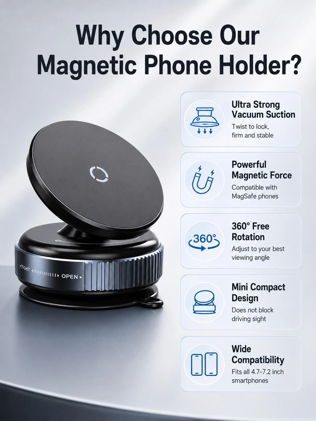Vacuum Suction Cup Magnetic Car Phone Holder, 360° Rotatable Dashboard & Windshield Phone Mount, Twist Lock Strong Adsorption Anti-Shake Reusable Magnetic Phone Holder For Driving Navigation