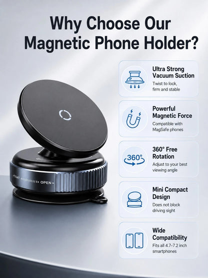 Vacuum Suction Cup Magnetic Car Phone Holder, 360° Rotatable Dashboard & Windshield Phone Mount, Twist Lock Strong Adsorption Anti-Shake Reusable Magnetic Phone Holder For Driving Navigation