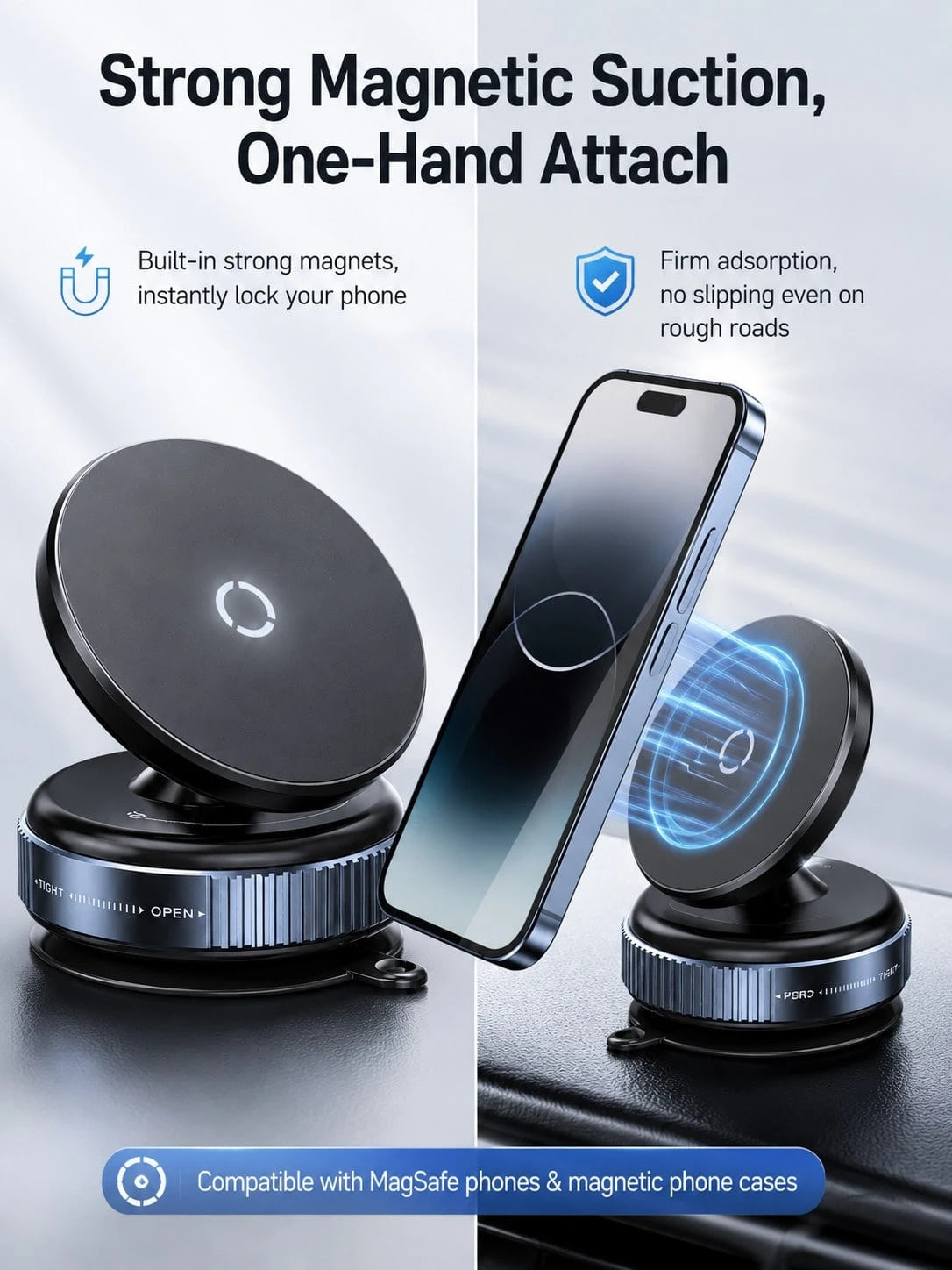 Vacuum Suction Cup Magnetic Car Phone Holder, 360° Rotatable Dashboard & Windshield Phone Mount, Twist Lock Strong Adsorption Anti-Shake Reusable Magnetic Phone Holder For Driving Navigation