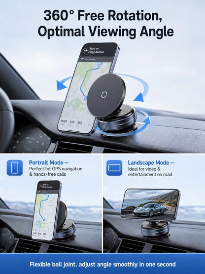 Vacuum Suction Cup Magnetic Car Phone Holder, 360° Rotatable Dashboard & Windshield Phone Mount, Twist Lock Strong Adsorption Anti-Shake Reusable Magnetic Phone Holder For Driving Navigation
