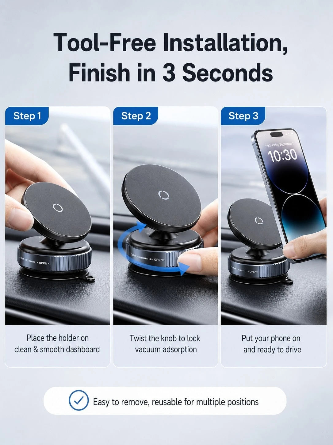 Vacuum Suction Cup Magnetic Car Phone Holder, 360° Rotatable Dashboard & Windshield Phone Mount, Twist Lock Strong Adsorption Anti-Shake Reusable Magnetic Phone Holder For Driving Navigation