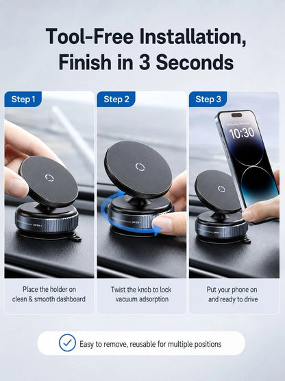 Vacuum Suction Cup Magnetic Car Phone Holder, 360° Rotatable Dashboard & Windshield Phone Mount, Twist Lock Strong Adsorption Anti-Shake Reusable Magnetic Phone Holder For Driving Navigation