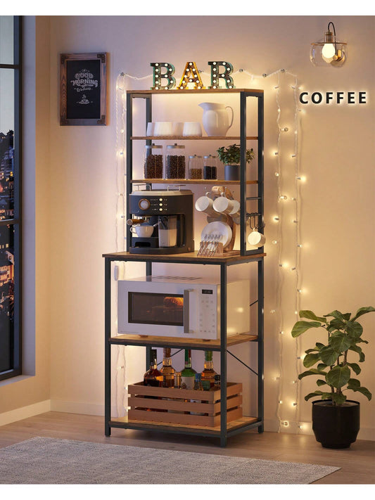VASAGLE Coffee Bar, Baker's Rack For Kitchen With Storage, 6-Tier Kitchen Shelves With 6 Hooks, Microwave Stand, Industrial, 15.7 X 23.6 X 65.7 Inches, Oak Color And White,Greige And Black,Rustic Brow