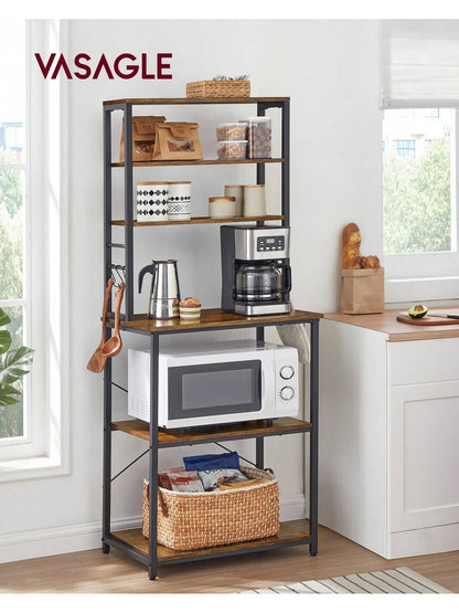VASAGLE Coffee Bar, Baker's Rack For Kitchen With Storage, 6-Tier Kitchen Shelves With 6 Hooks, Microwave Stand, Industrial, 15.7 X 23.6 X 65.7 Inches, Oak Color And White,Greige And Black,Rustic Brow