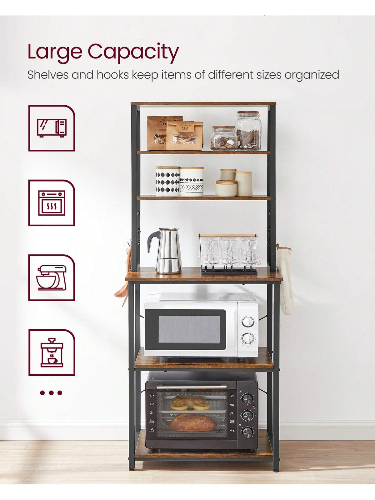 VASAGLE Coffee Bar, Baker's Rack For Kitchen With Storage, 6-Tier Kitchen Shelves With 6 Hooks, Microwave Stand, Industrial, 15.7 X 23.6 X 65.7 Inches, Oak Color And White,Greige And Black,Rustic Brow