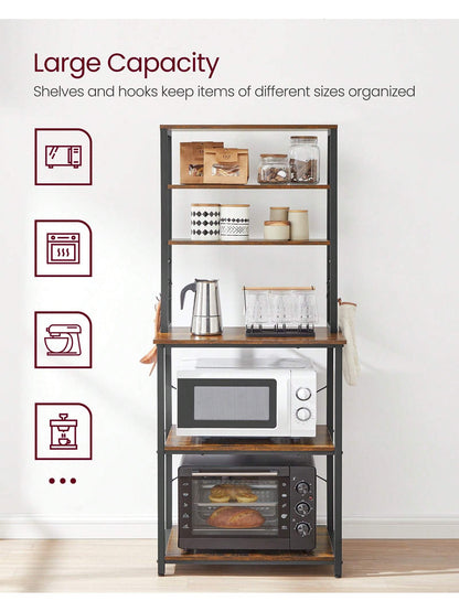 VASAGLE Coffee Bar, Baker's Rack For Kitchen With Storage, 6-Tier Kitchen Shelves With 6 Hooks, Microwave Stand, Industrial, 15.7 X 23.6 X 65.7 Inches, Oak Color And White,Greige And Black,Rustic Brow