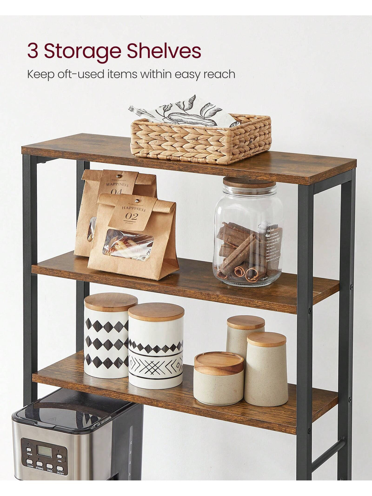 VASAGLE Coffee Bar, Baker's Rack For Kitchen With Storage, 6-Tier Kitchen Shelves With 6 Hooks, Microwave Stand, Industrial, 15.7 X 23.6 X 65.7 Inches, Oak Color And White,Greige And Black,Rustic Brow