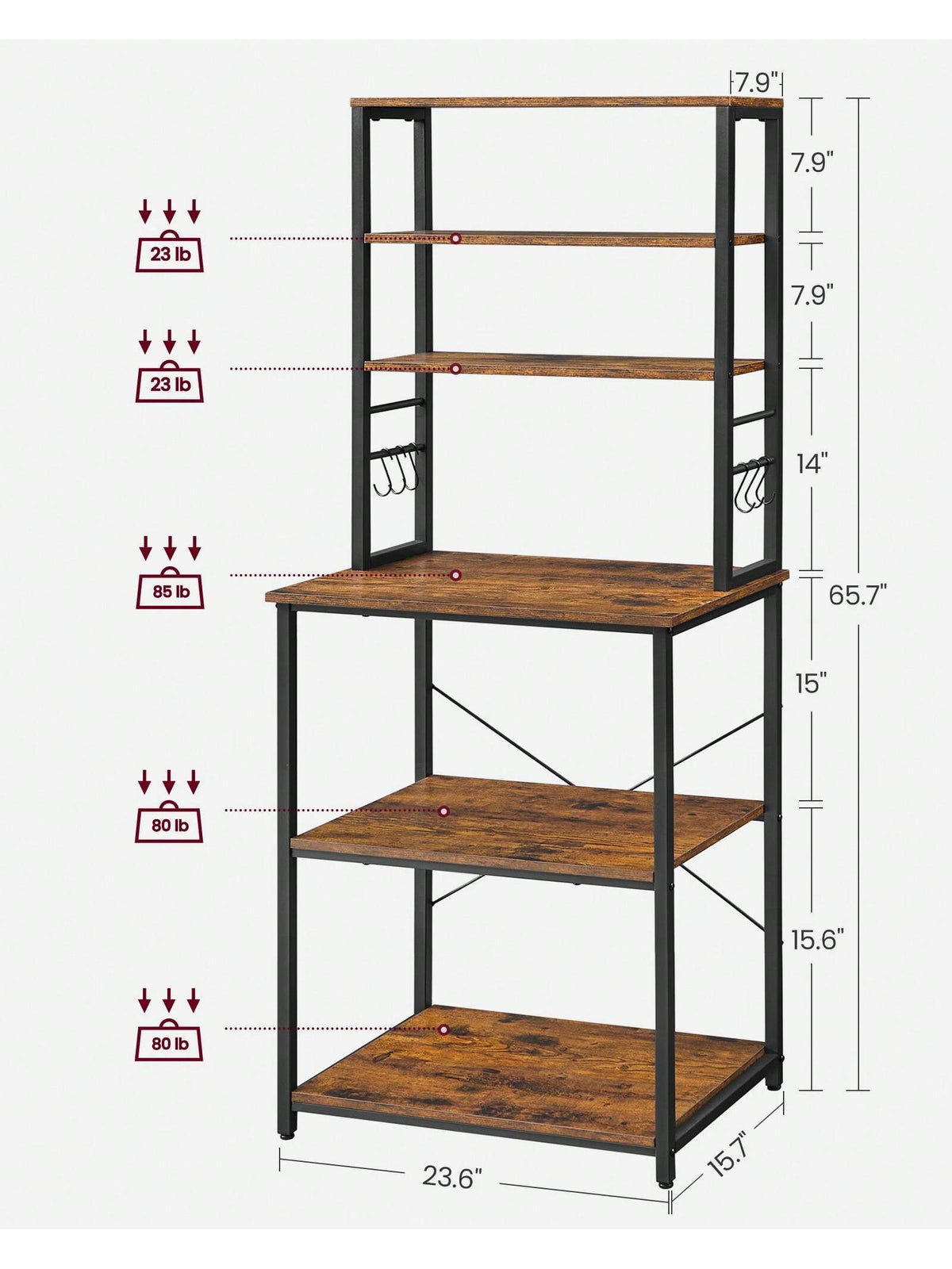 VASAGLE Coffee Bar, Baker's Rack For Kitchen With Storage, 6-Tier Kitchen Shelves With 6 Hooks, Microwave Stand, Industrial, 15.7 X 23.6 X 65.7 Inches, Oak Color And White,Greige And Black,Rustic Brow
