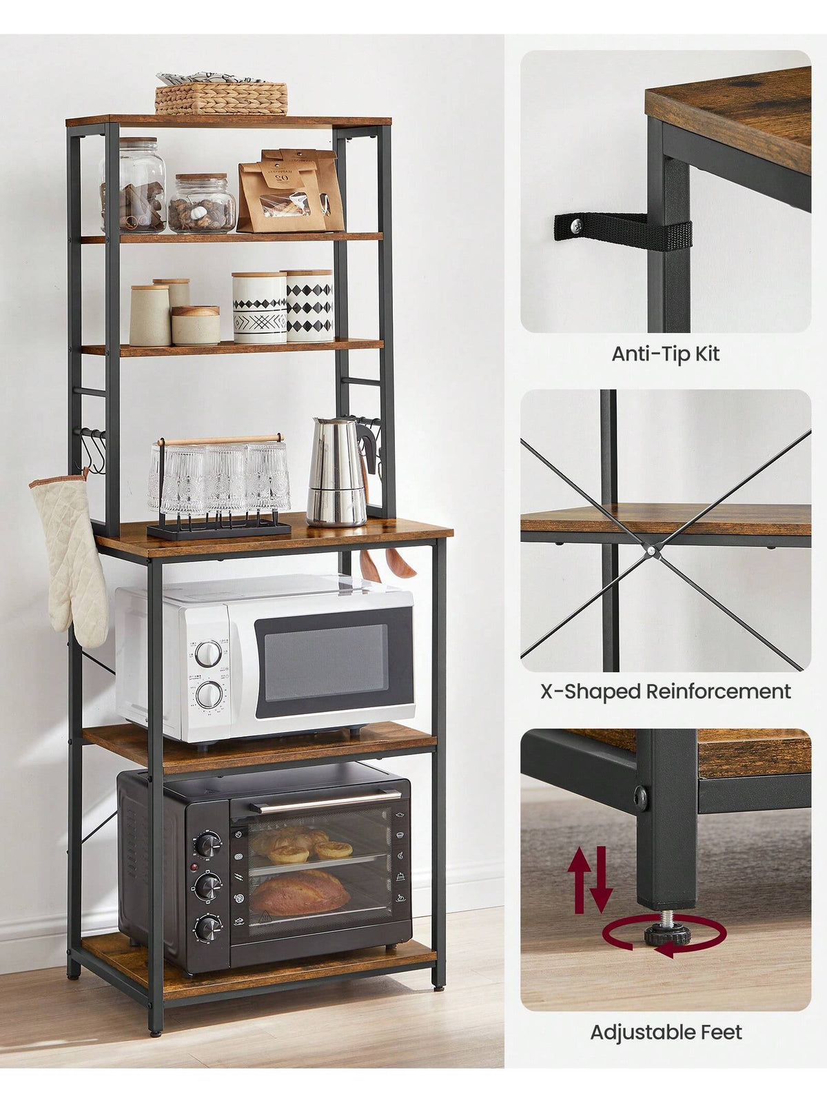 VASAGLE Coffee Bar, Baker's Rack For Kitchen With Storage, 6-Tier Kitchen Shelves With 6 Hooks, Microwave Stand, Industrial, 15.7 X 23.6 X 65.7 Inches, Oak Color And White,Greige And Black,Rustic Brow