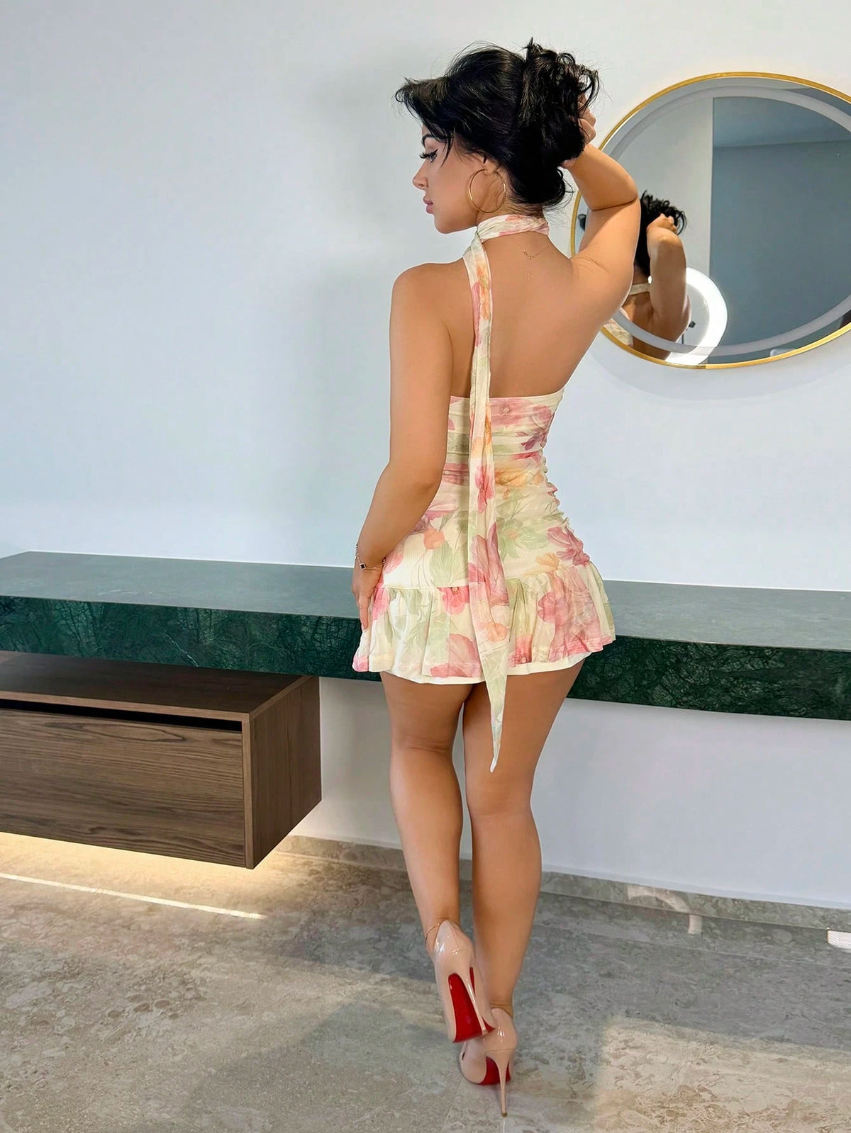 Vassilux Autumn/Winter Women's Cream Yellow Floral Print Bodycon Ruched Asymmetric Strapless Tie Strap Elegant Mini Dress, Birthday Dress, Wedding Dress, Cocktail Dress, Sexy Elegant Dress, Romantic D
