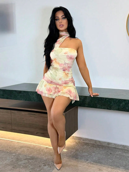 Vassilux Autumn/Winter Women's Cream Yellow Floral Print Bodycon Ruched Asymmetric Strapless Tie Strap Elegant Mini Dress, Birthday Dress, Wedding Dress, Cocktail Dress, Sexy Elegant Dress, Romantic D