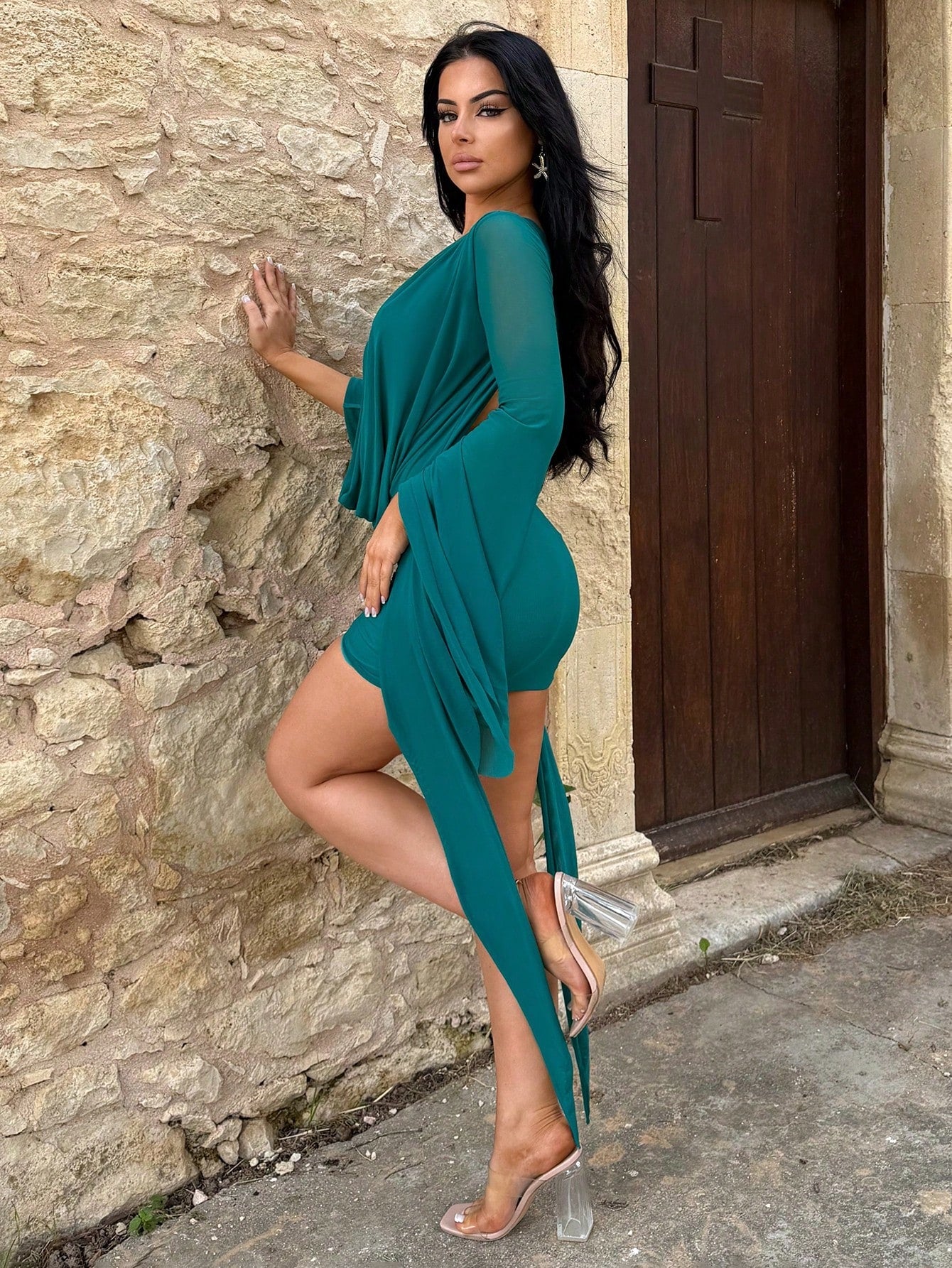 Vassilux Romantic Vacation Earthy Tone Low-Cut Draped Collar, Flared Sleeves, Bodycon Mini Dress Bell Sleeves Elegant