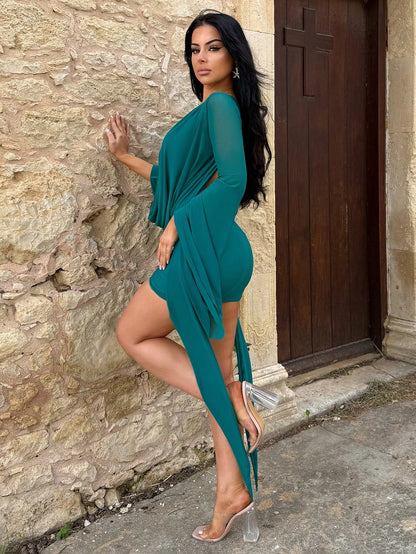 Vassilux Romantic Vacation Earthy Tone Low-Cut Draped Collar, Flared Sleeves, Bodycon Mini Dress Bell Sleeves Elegant