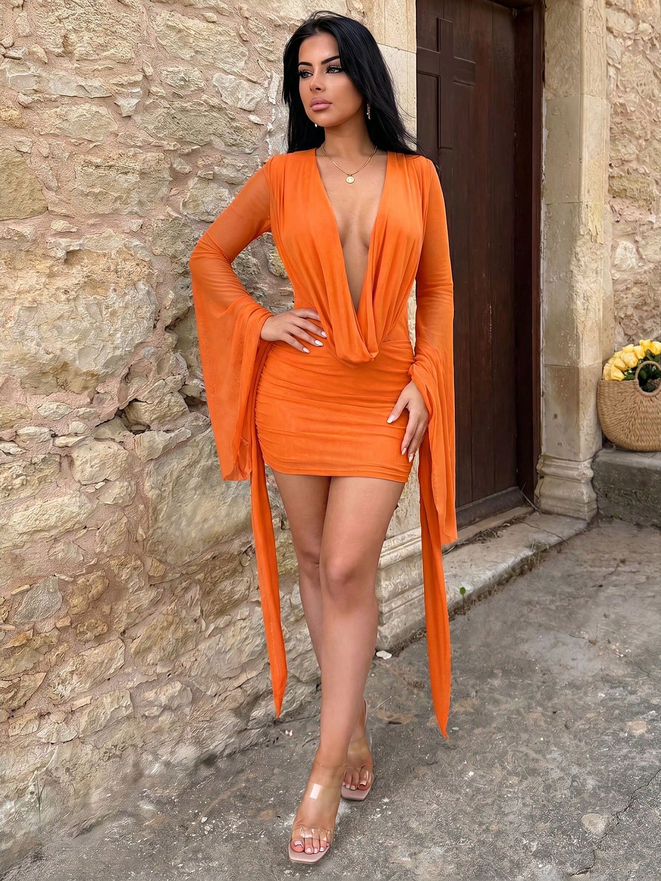 Vassilux Romantic Vacation Earthy Tone Low-Cut Draped Collar, Flared Sleeves, Bodycon Mini Dress Bell Sleeves Elegant