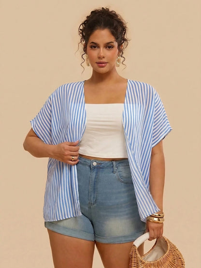 VCAY Plus Size Vacation Casual Blue Kimono Beach Outfits Cover Ups For Swimwear Summer