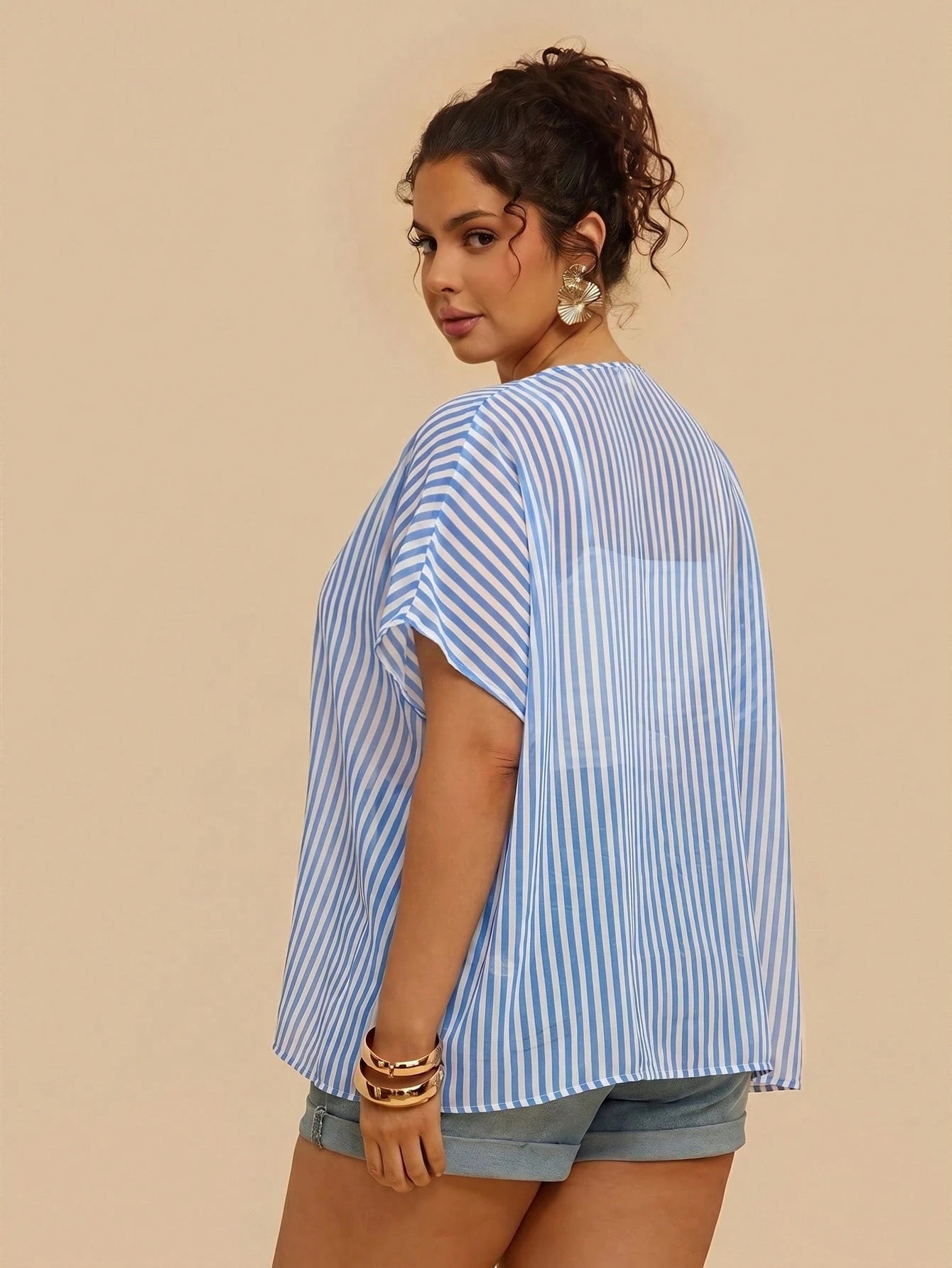 VCAY Plus Size Vacation Casual Blue Kimono Beach Outfits Cover Ups For Swimwear Summer