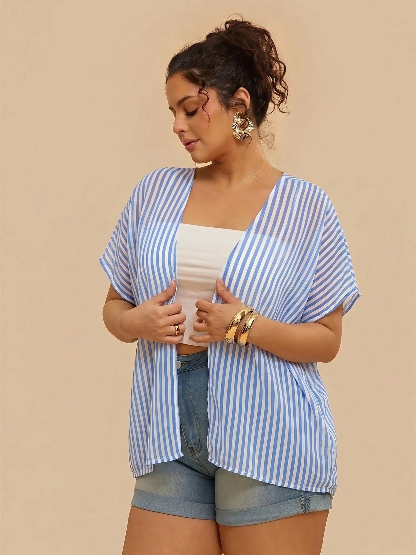 VCAY Plus Size Vacation Casual Blue Kimono Beach Outfits Cover Ups For Swimwear Summer