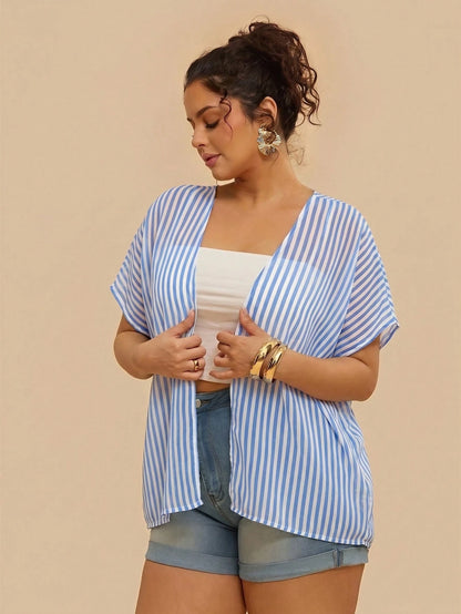 VCAY Plus Size Vacation Casual Blue Kimono Beach Outfits Cover Ups For Swimwear Summer