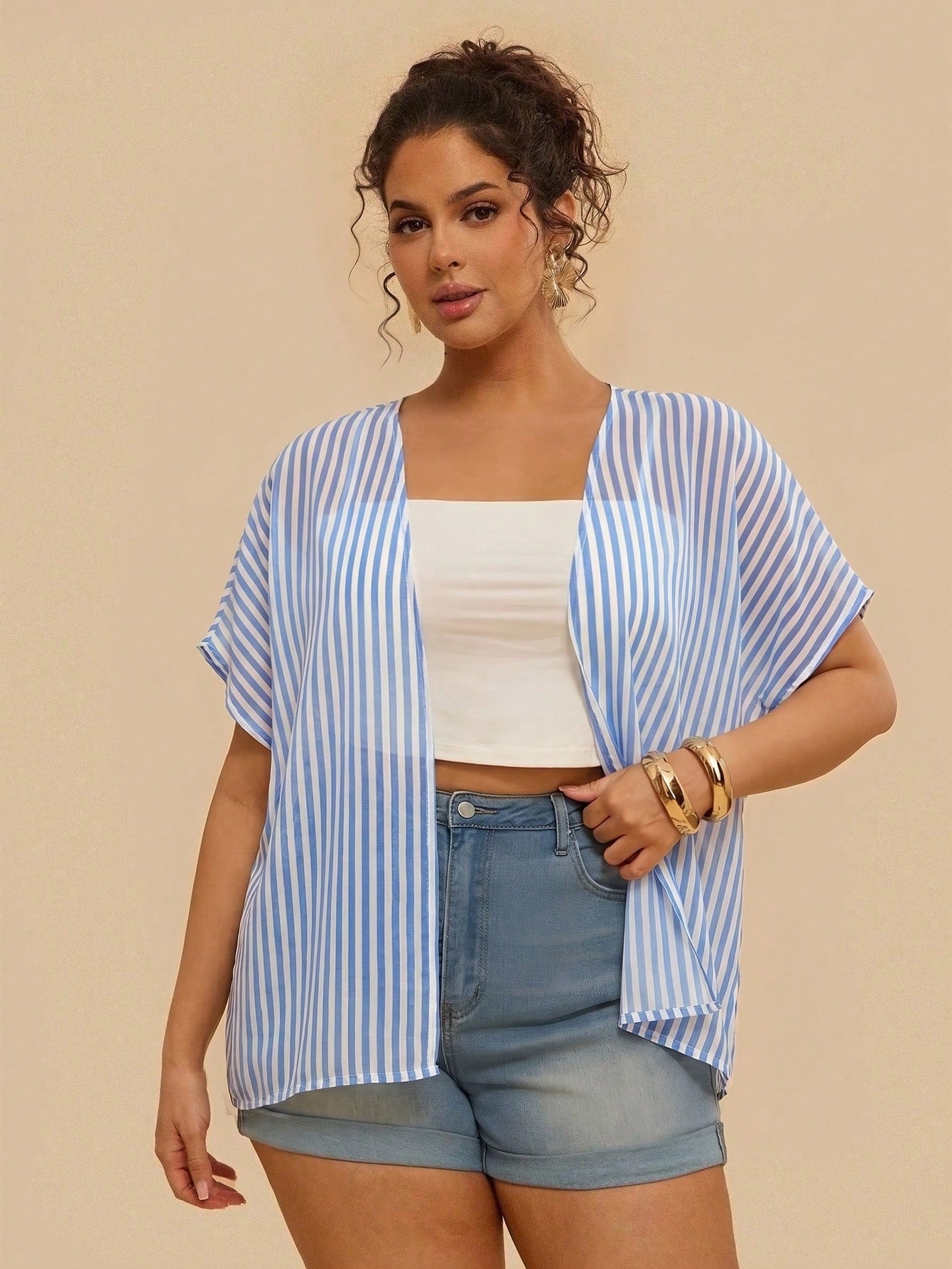 VCAY Plus Size Vacation Casual Blue Kimono Beach Outfits Cover Ups For Swimwear Summer