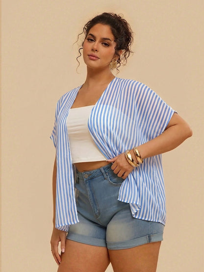 VCAY Plus Size Vacation Casual Blue Kimono Beach Outfits Cover Ups For Swimwear Summer
