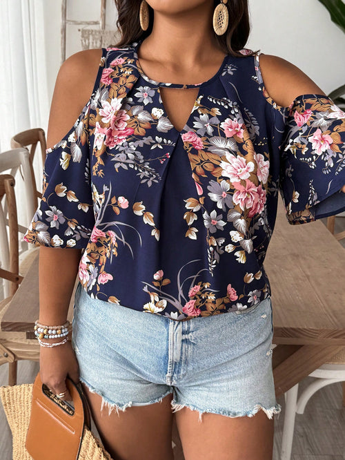 VCAY Plus Size Vacation Style Women's Open Shoulder Flower Printed Loose Shirt With Keyhole Neck Evening Navy Blue Summer Boho Casual Wedding Guest