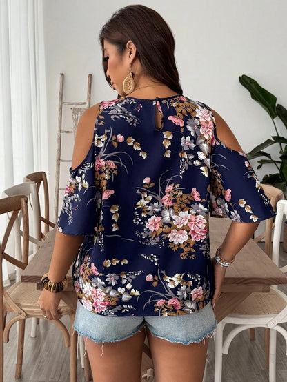 VCAY Plus Size Vacation Style Women's Open Shoulder Flower Printed Loose Shirt With Keyhole Neck Evening Navy Blue Summer Boho Casual Wedding Guest
