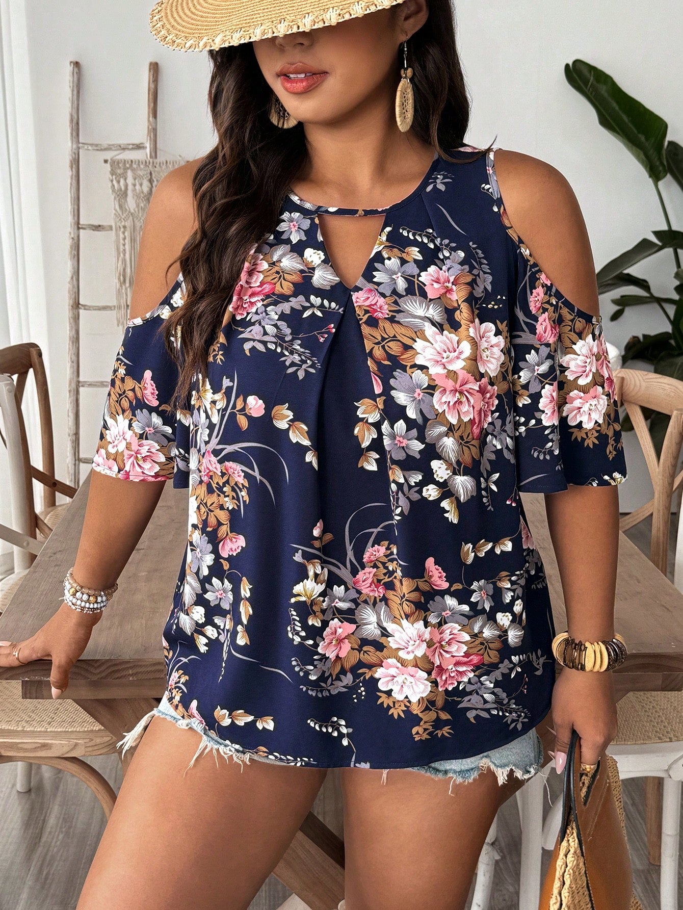 VCAY Plus Size Vacation Style Women's Open Shoulder Flower Printed Loose Shirt With Keyhole Neck Evening Navy Blue Summer Boho Casual Wedding Guest