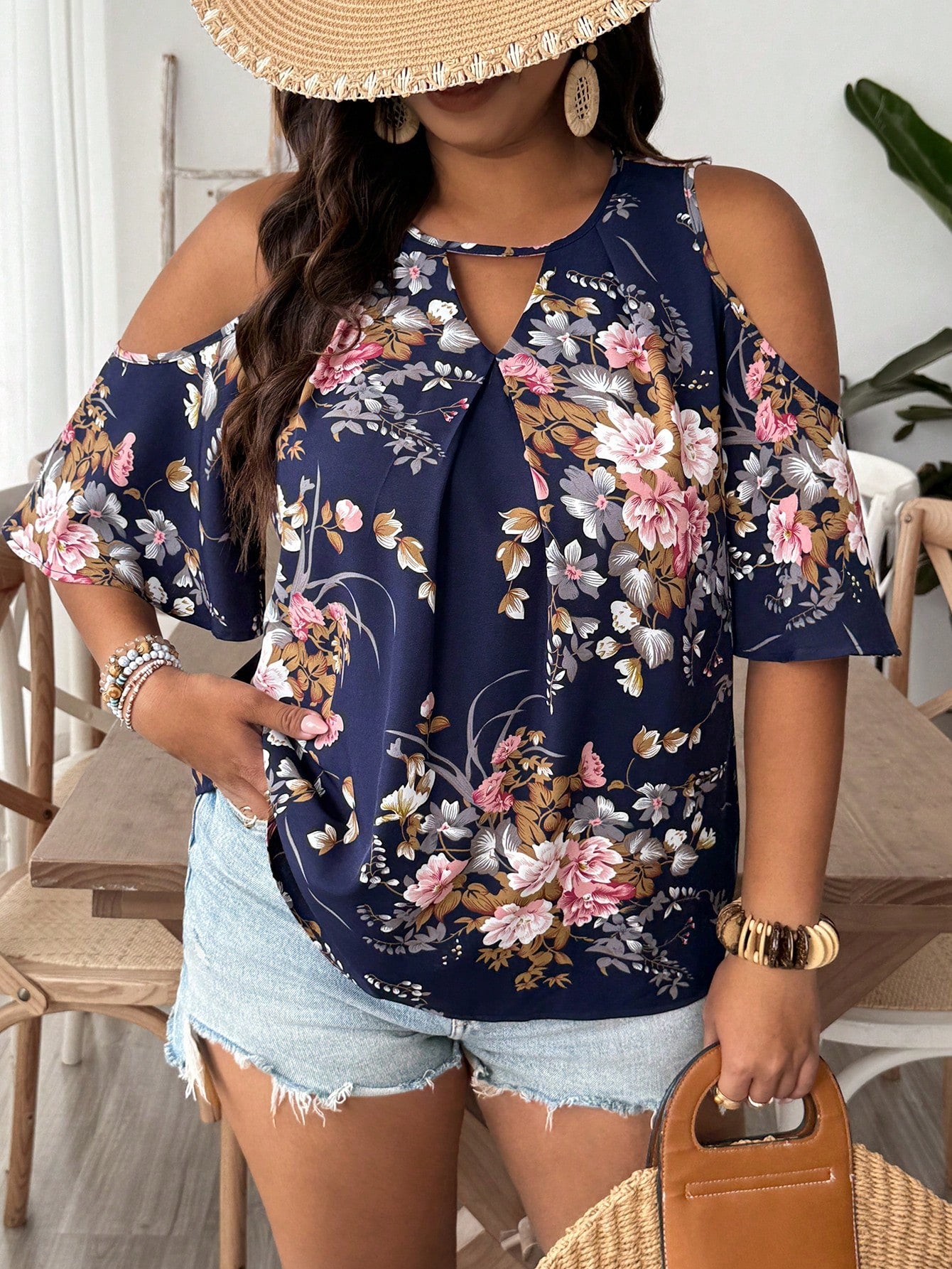 VCAY Plus Size Vacation Style Women's Open Shoulder Flower Printed Loose Shirt With Keyhole Neck Evening Navy Blue Summer Boho Casual Wedding Guest
