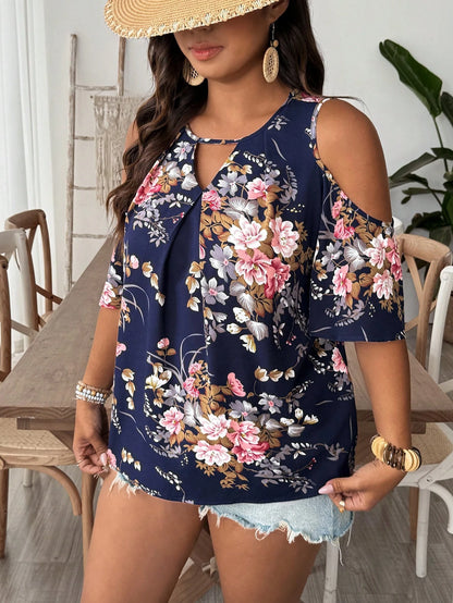 VCAY Plus Size Vacation Style Women's Open Shoulder Flower Printed Loose Shirt With Keyhole Neck Evening Navy Blue Summer Boho Casual Wedding Guest