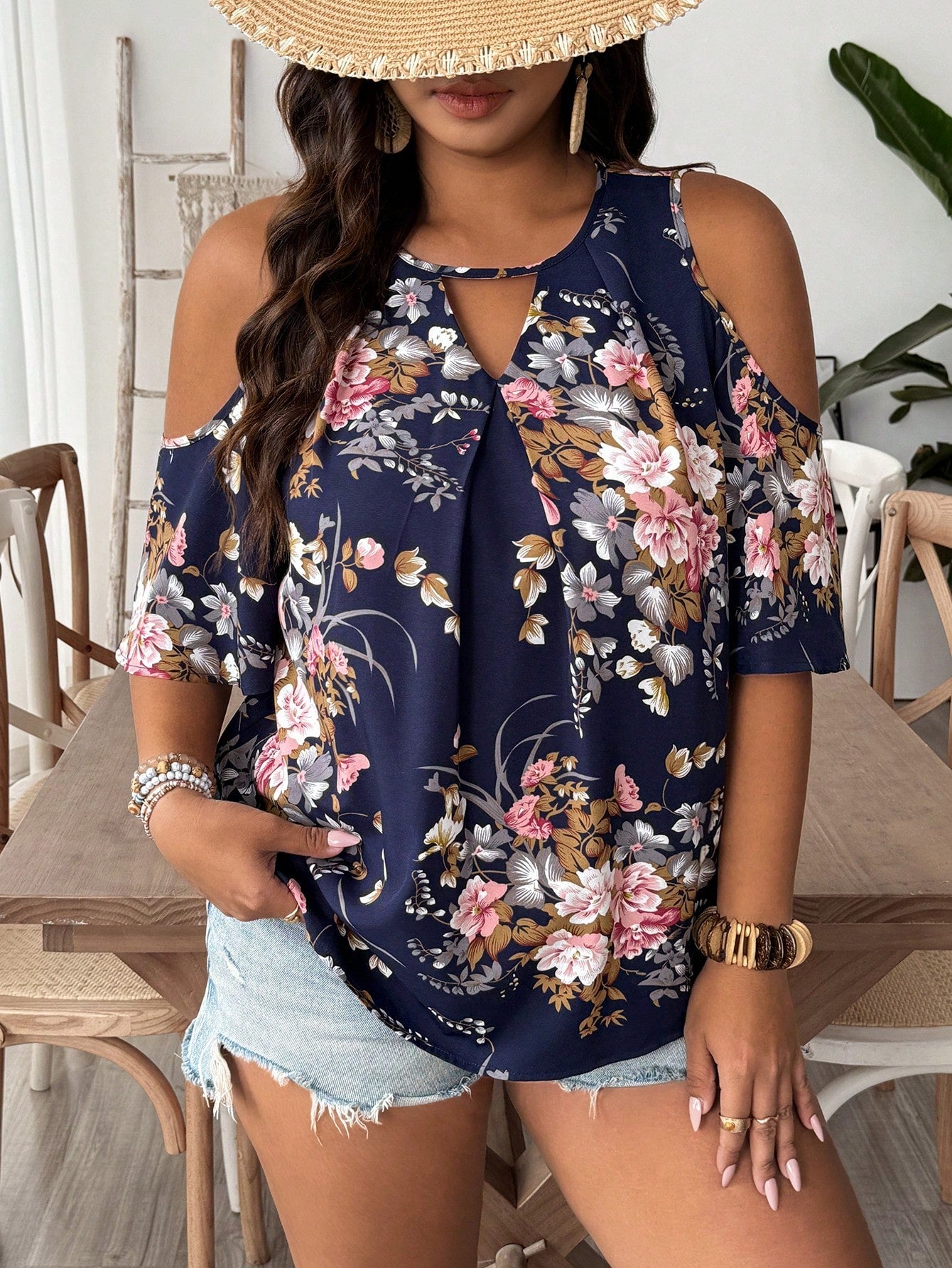VCAY Plus Size Vacation Style Women's Open Shoulder Flower Printed Loose Shirt With Keyhole Neck Evening Navy Blue Summer Boho Casual Wedding Guest
