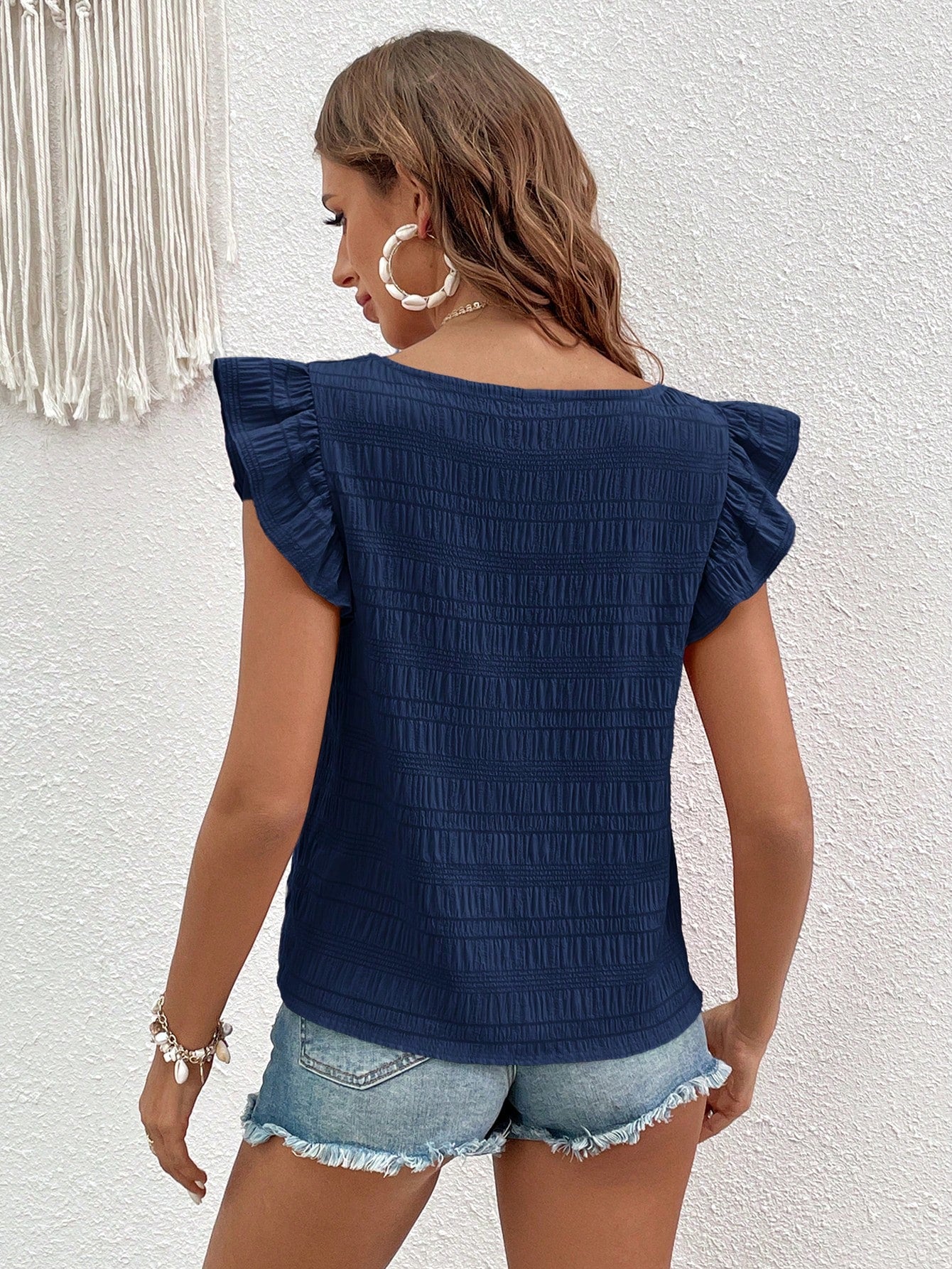 VCAY Women's Dark Blue Short Sleeve Shirt With Square Neckline And Flutter Sleeve