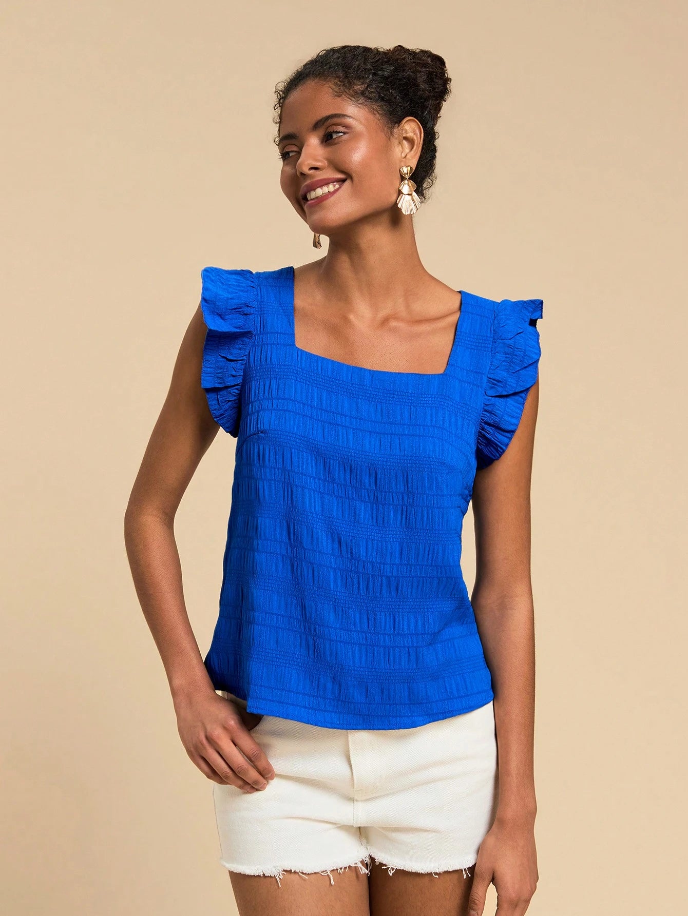 VCAY Women's Dark Blue Short Sleeve Shirt With Square Neckline And Flutter Sleeve