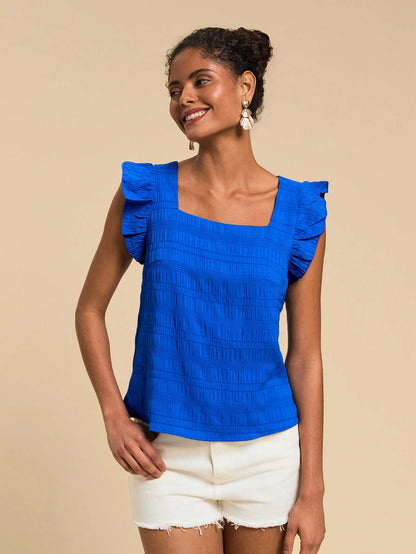 VCAY Women's Dark Blue Short Sleeve Shirt With Square Neckline And Flutter Sleeve