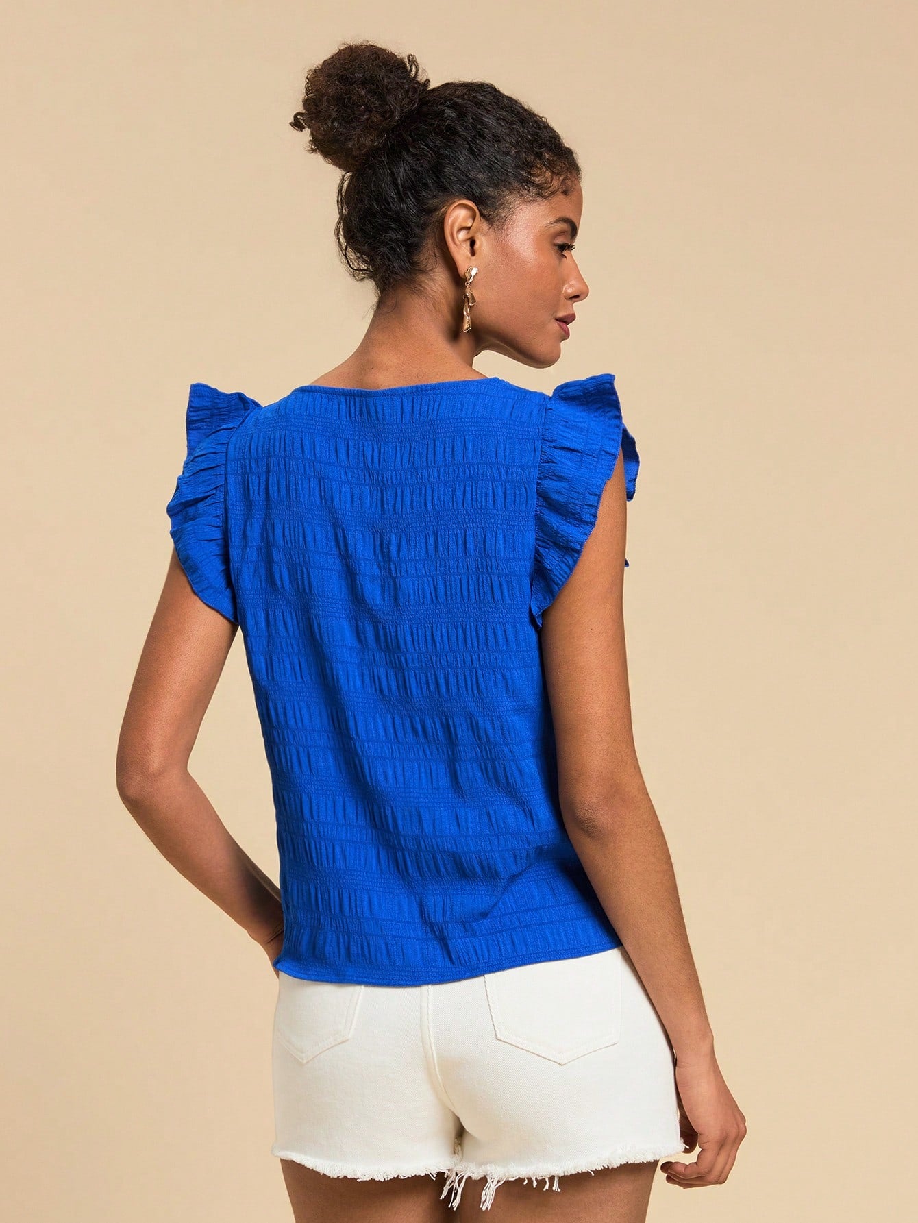 VCAY Women's Dark Blue Short Sleeve Shirt With Square Neckline And Flutter Sleeve