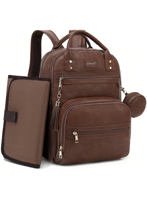 Vegan Leather Diaper Bag Backpack For Boy Girl With Changing Pad And Pacifier Case, Waterproof, Travel Baby Bag Backpack For Mom Dad, Perfect Baby Shower Gifts
