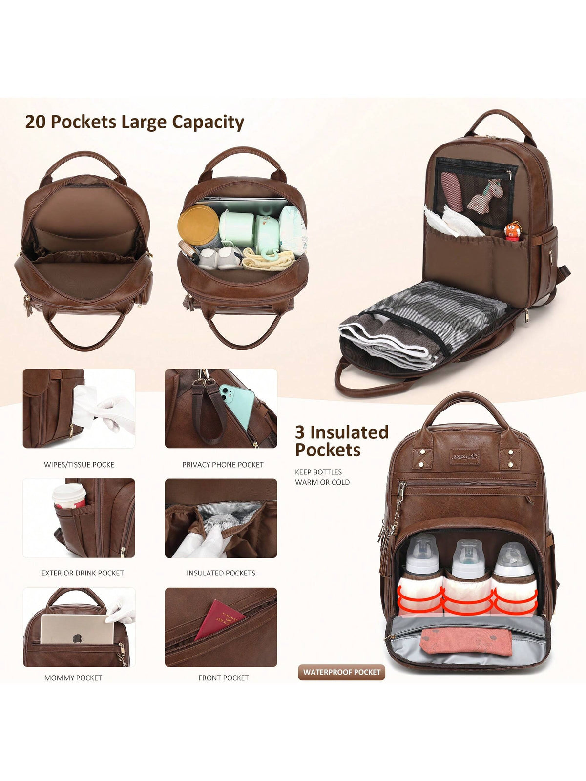 Vegan Leather Diaper Bag Backpack For Boy Girl With Changing Pad And Pacifier Case, Waterproof, Travel Baby Bag Backpack For Mom Dad, Perfect Baby Shower Gifts