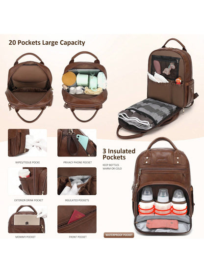 Vegan Leather Diaper Bag Backpack For Boy Girl With Changing Pad And Pacifier Case, Waterproof, Travel Baby Bag Backpack For Mom Dad, Perfect Baby Shower Gifts