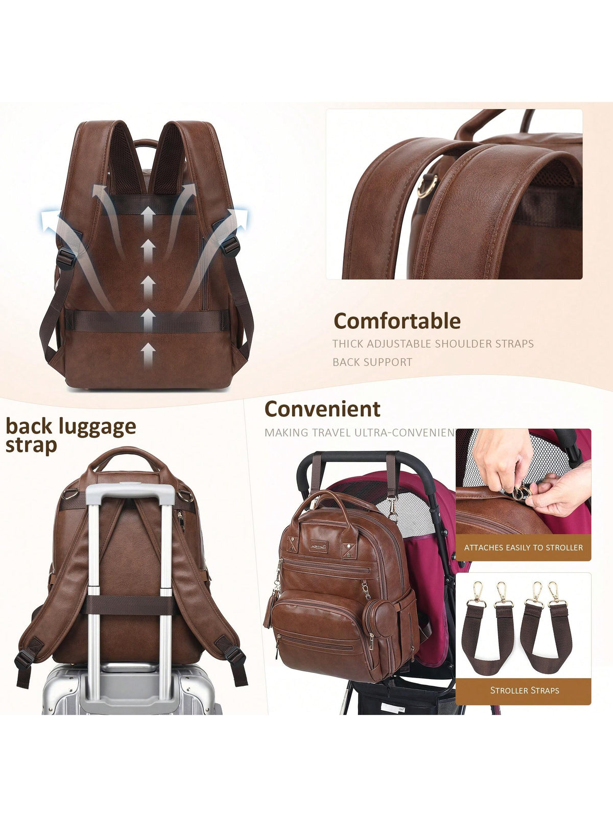 Vegan Leather Diaper Bag Backpack For Boy Girl With Changing Pad And Pacifier Case, Waterproof, Travel Baby Bag Backpack For Mom Dad, Perfect Baby Shower Gifts